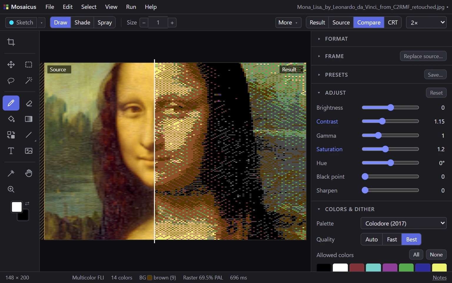 Compare view: the Mona Lisa, the source left of the line and the multicolor FLI result right of it