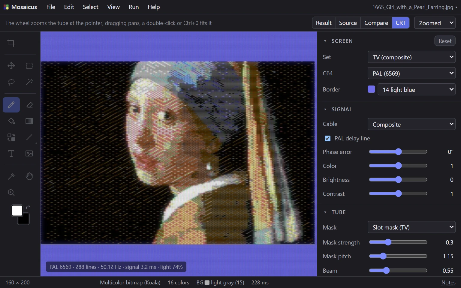 Vermeer's Girl with a Pearl Earring in the CRT view, as a PAL TV over composite shows it, with the Screen, Signal and Tube panels