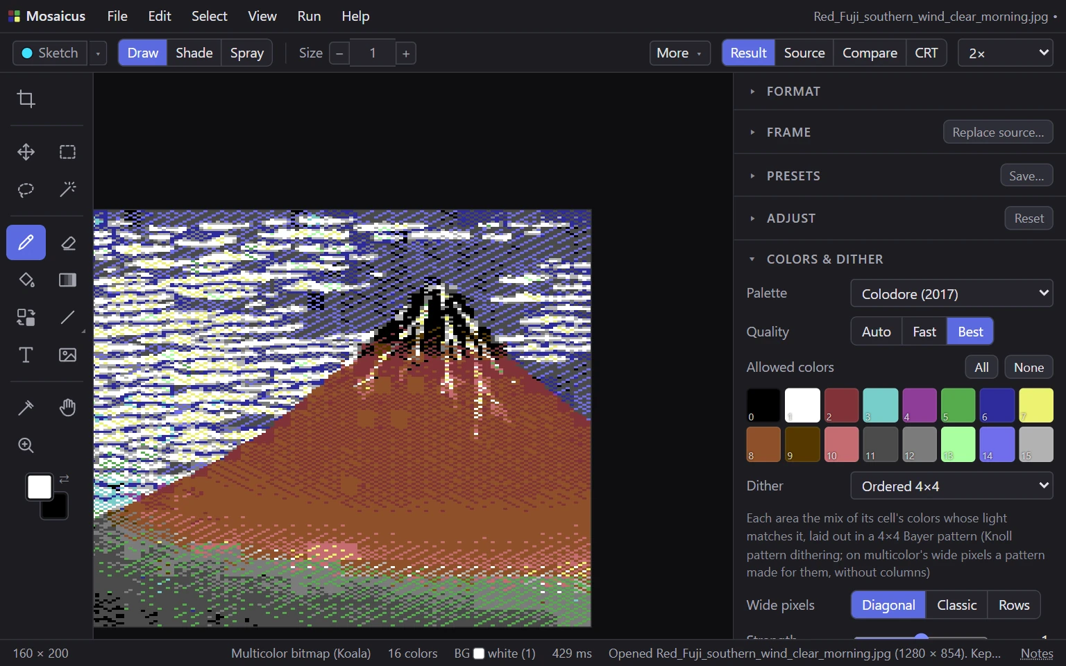 Hokusai's Red Fuji as a multicolor bitmap with a 4 by 4 ordered dither, at 2x, with the Colors and dither panel