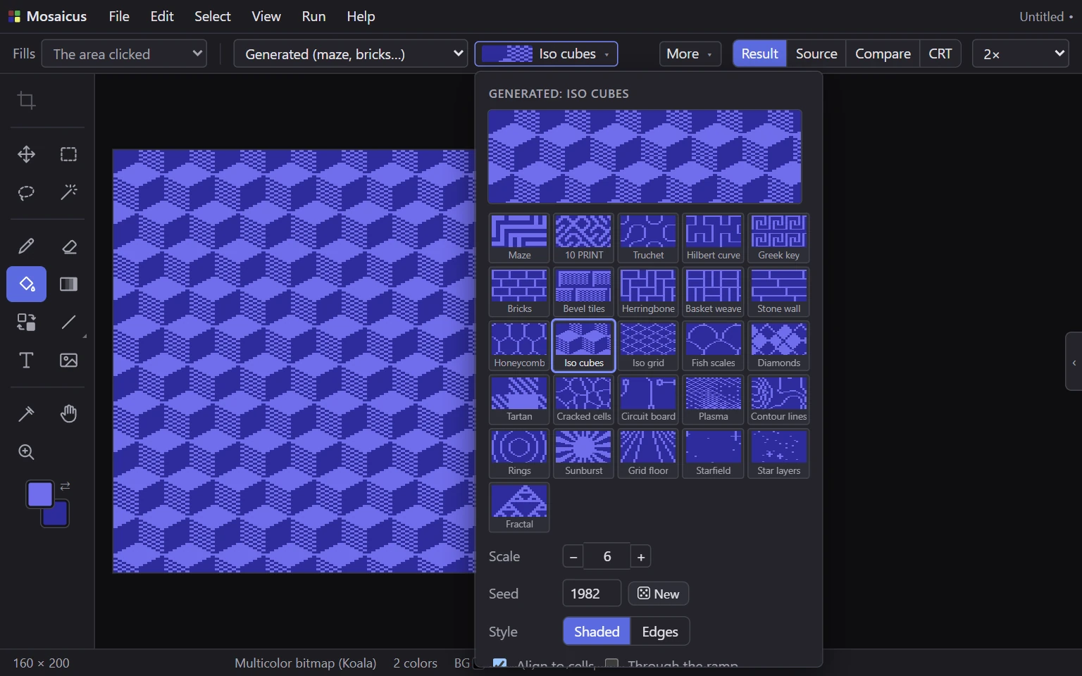 The generated fills pop-up: a large preview of Iso cubes and the 26 generators as thumbnails, beside a blank multicolor picture filled with cubes