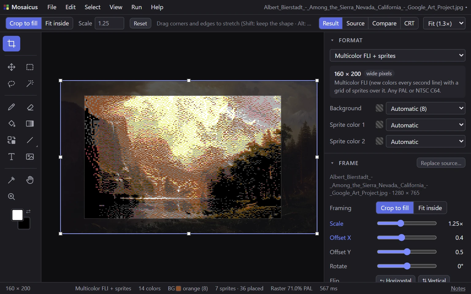 The Frame tool on Bierstadt's Among the Sierra Nevada in Multicolor FLI + sprites: the source around the frame, the conversion inside it, and the Format and Frame panels
