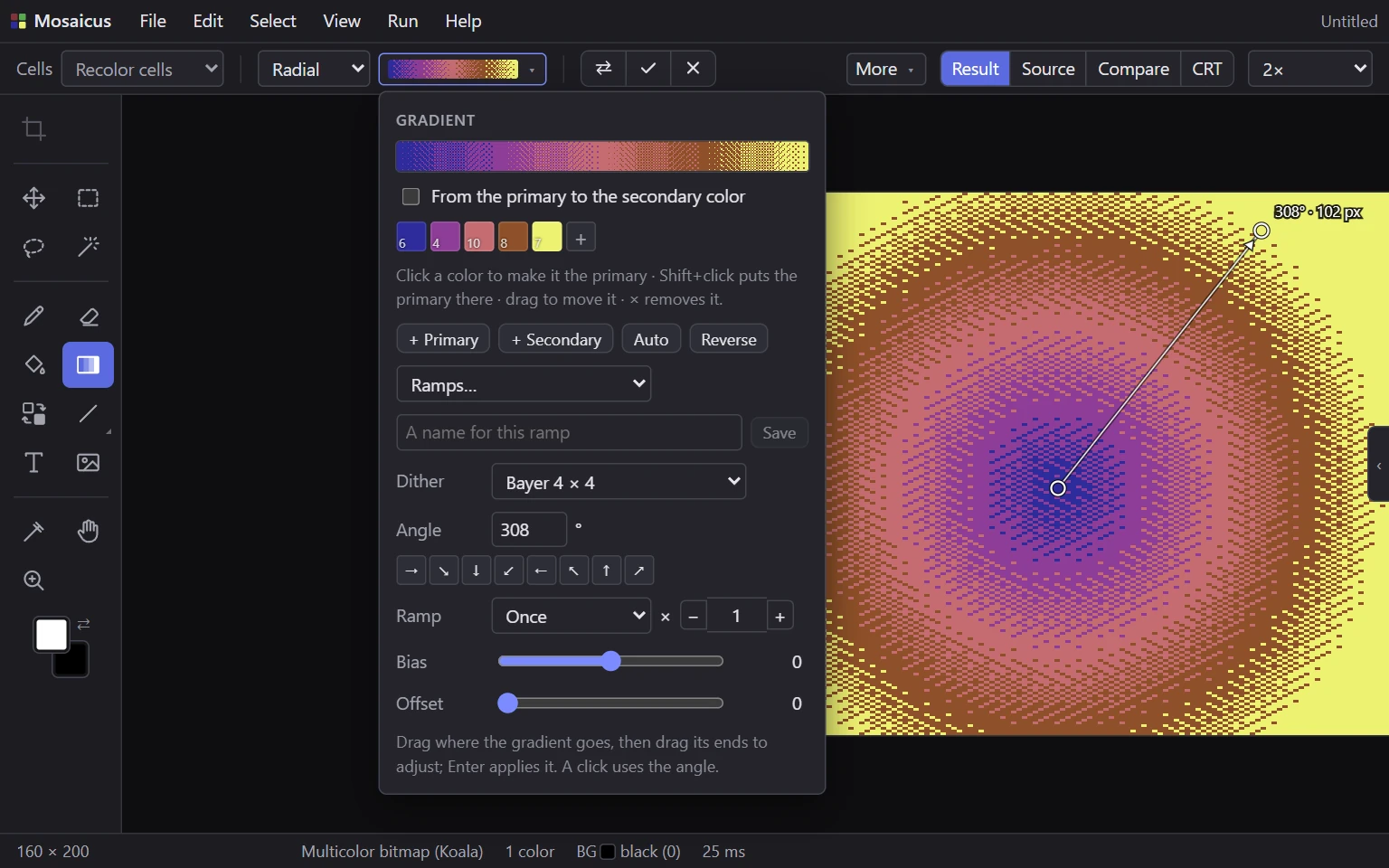A live radial gradient from blue through purple and pink to yellow, its two handles on the picture, and the gradient settings open: the ramp's colors, dither, angle, repeat, bias and offset