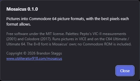 The About Mosaicus box: version 0.1.0, the license, palettes and copyright