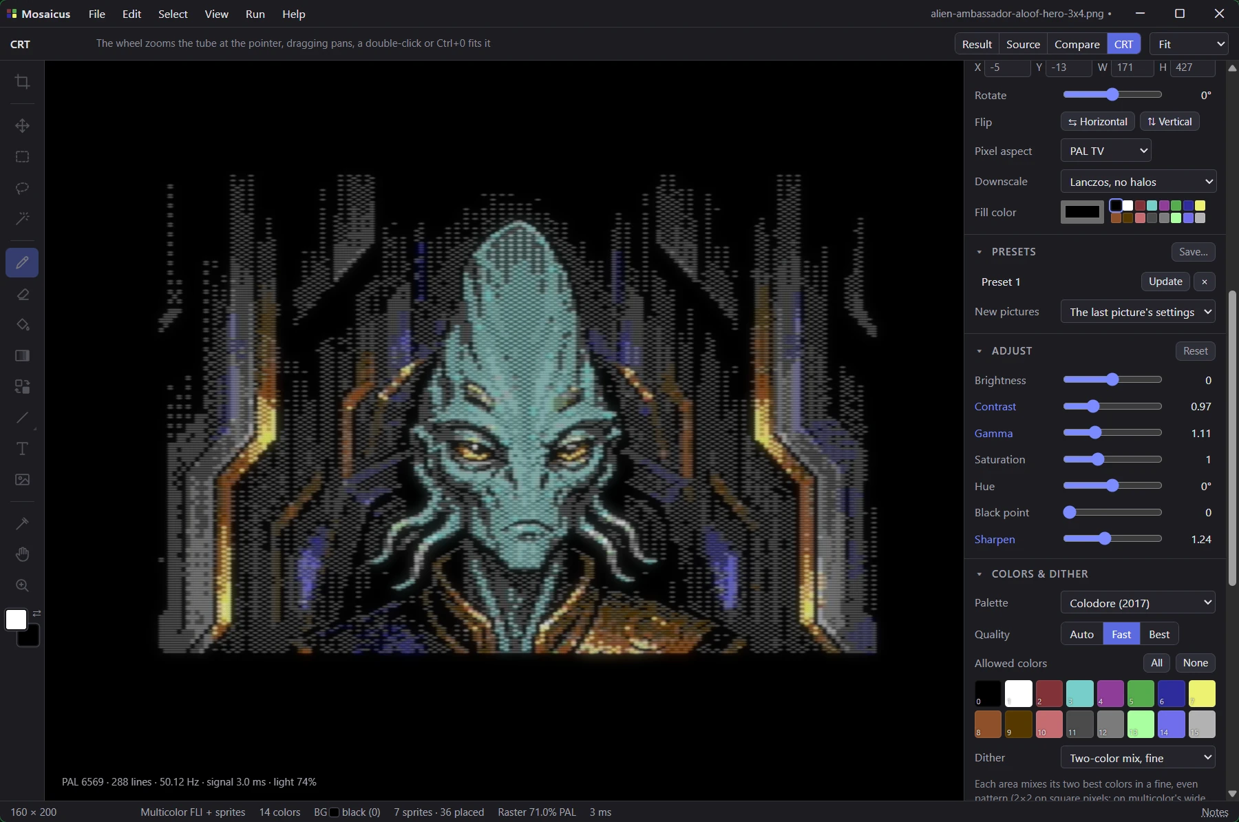 The Mosaicus window in its CRT view: an alien ambassador's portrait converted to Multicolor FLI + sprites, shown as a PAL TV would, with the tools on the left and the frame, preset, adjustment and color panels on the right