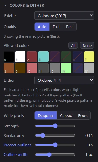 The Colors & dither panel