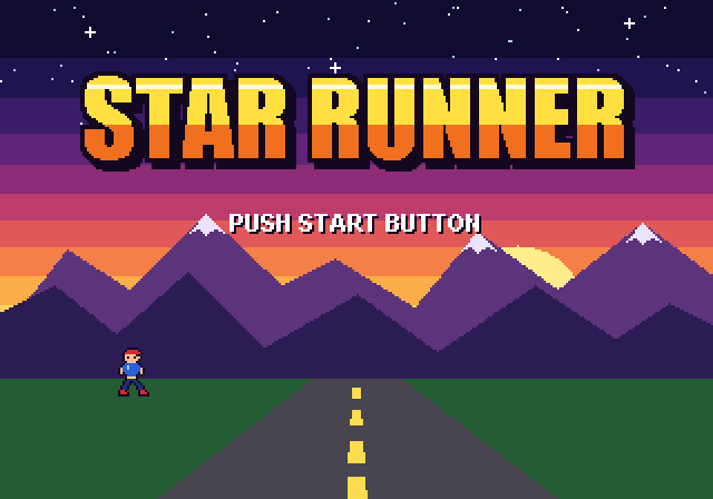 The source: a title screen reading STAR RUNNER over a banded sunset, mountains, a road and a small runner