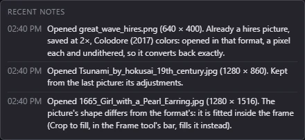 The Notes list after opening three pictures