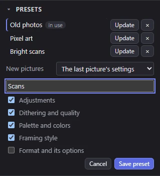 The Presets panel with the form for a new preset