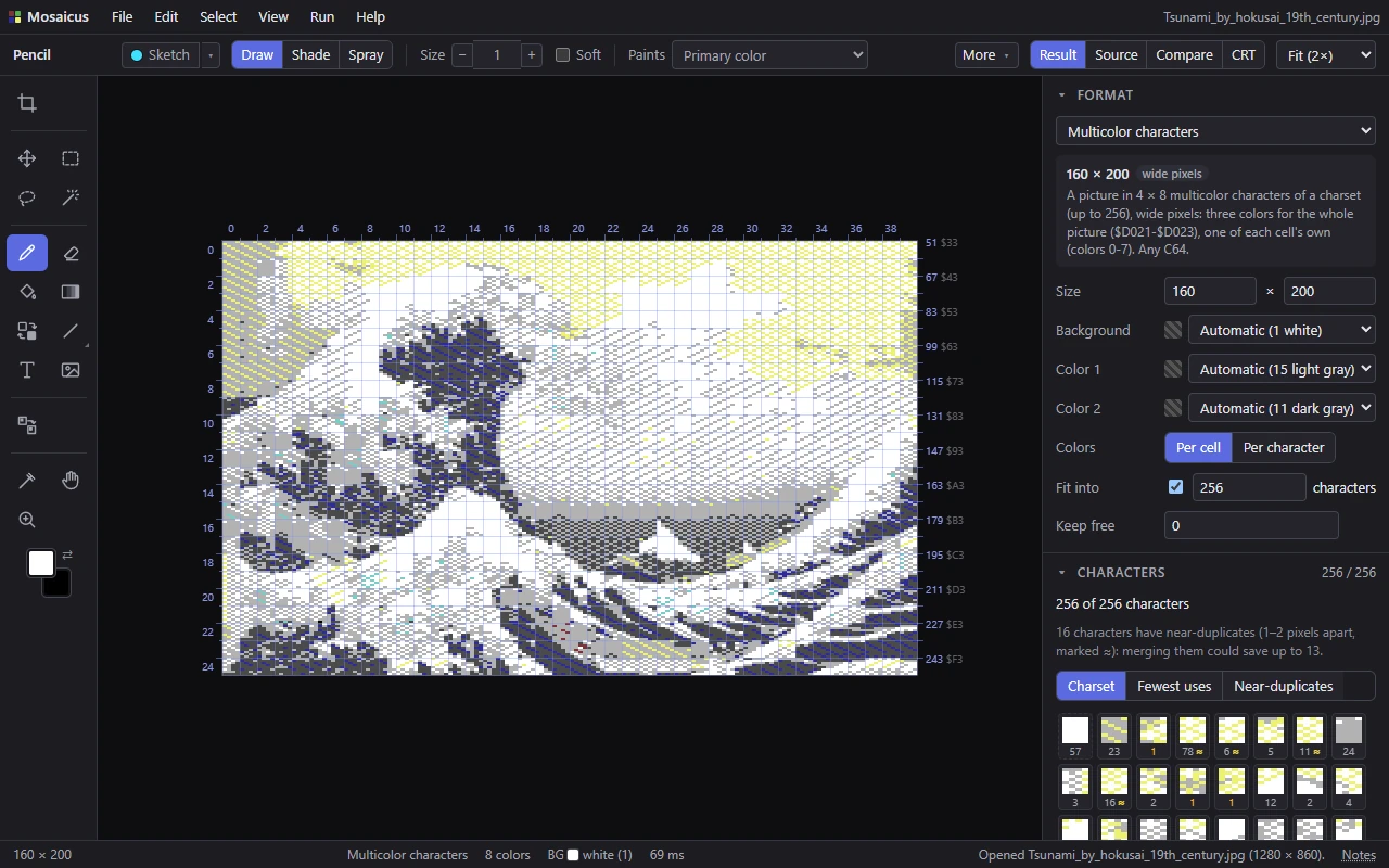 The Great Wave as Multicolor characters, with the Format and Characters panels