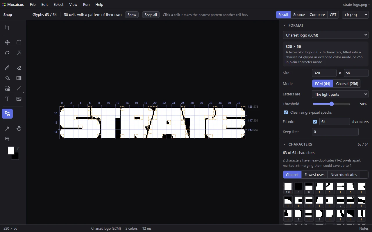 The STRATE logo as a charset logo in Mosaicus, with the Snap tool, the format guides and the Format and Characters panels