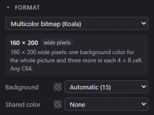 The Format panel for a multicolor bitmap: Background and Shared color