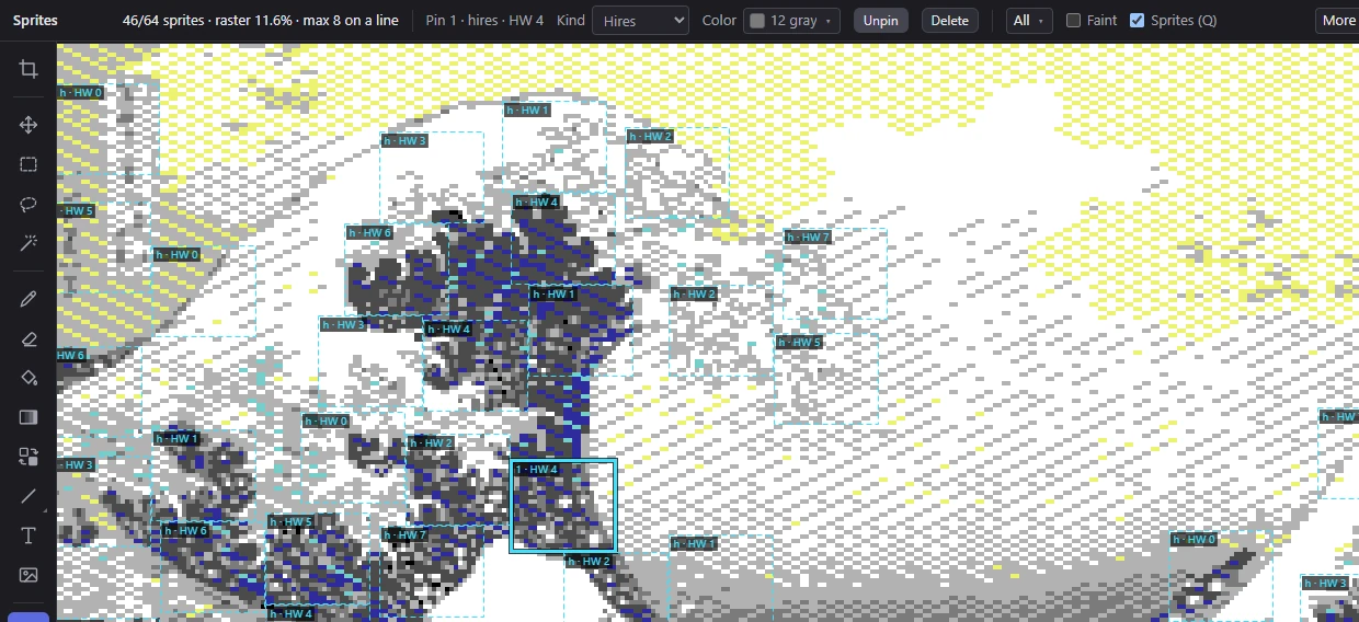 The Sprites tool with a pinned sprite chosen, at 4×