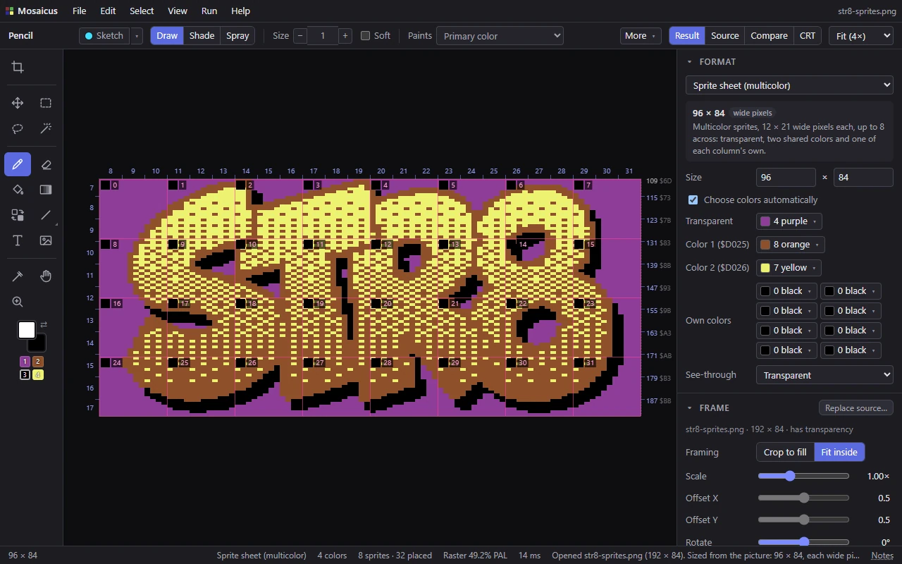 The STR8 sprite logo as a sprite sheet in Mosaicus, with the format guides on and the Format panel