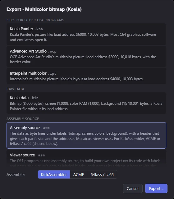 The Export dialog for a multicolor picture, with Assembly source chosen and the Assembler choice below the list