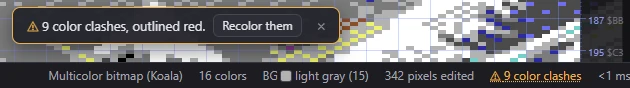 The status bar's clash count, and the message clicking it shows, with Recolor them