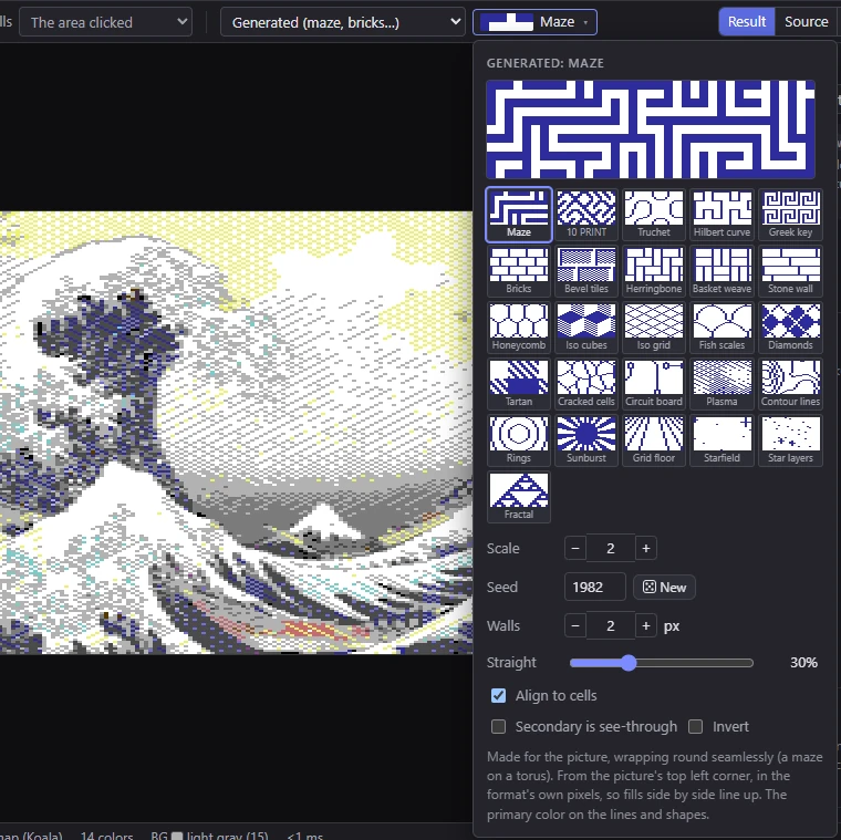 The generated fill editor: a large preview, the 26 generators as thumbnails, and the maze's own settings