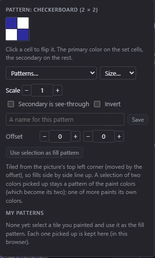 The pattern editor: the tile to click, the list of patterns, size, scale, see-through and invert, offset and My patterns