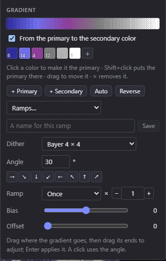 The gradient editor: the ramp, From the primary to the secondary color, its colors, the ramp buttons, Ramps, Save, Dither, Angle, Ramp, Bias and Offset