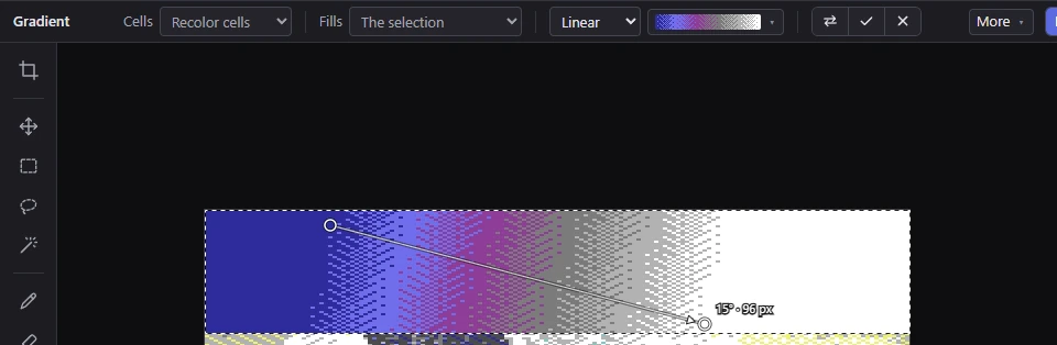A live linear gradient over a selected sky: the line with a handle at each end, its angle and length beside the end, and the options bar with Reverse, Apply and Cancel