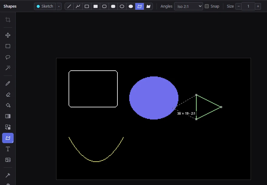 The Shapes tool's options bar, with a rounded rectangle, a filled ellipse and a curve drawn, and an isometric polygon being clicked