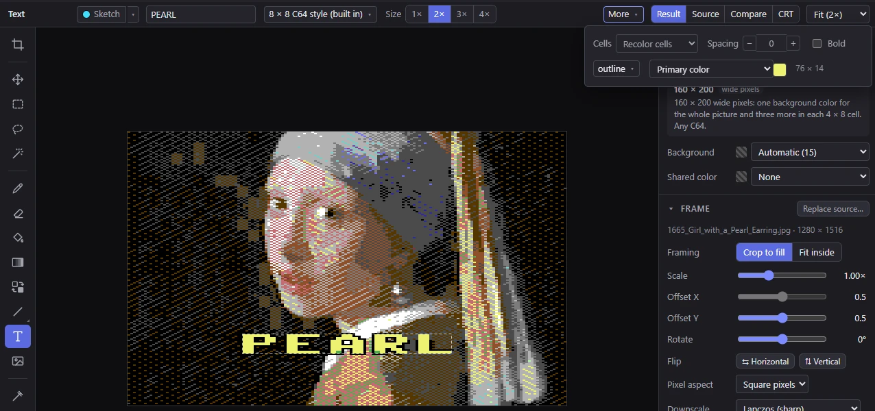 The Text tool with PEARL in the 8 × 8 font at 2×, an outline, and the More pop-up open