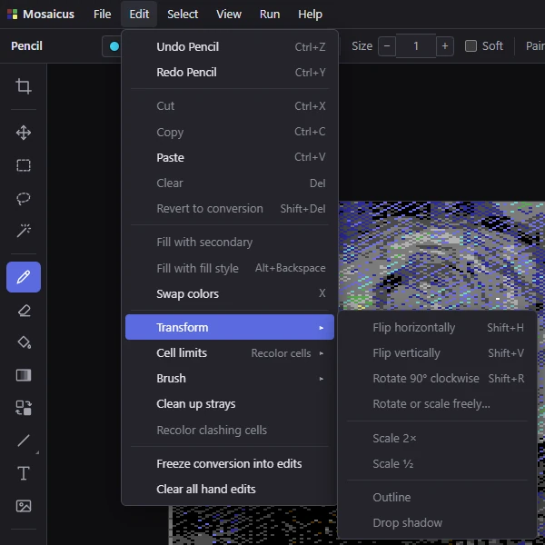 The Edit menu with its Transform submenu open