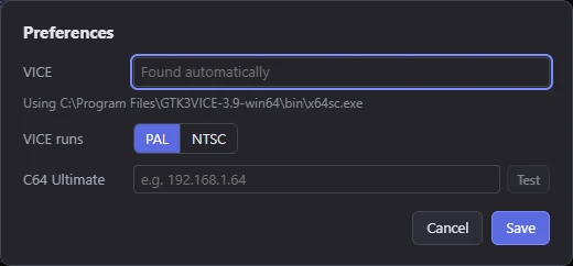 The Preferences dialog: VICE, VICE runs PAL or NTSC, and the C64 Ultimate's address with Test