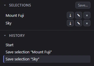 The Selections panel with two saved selections