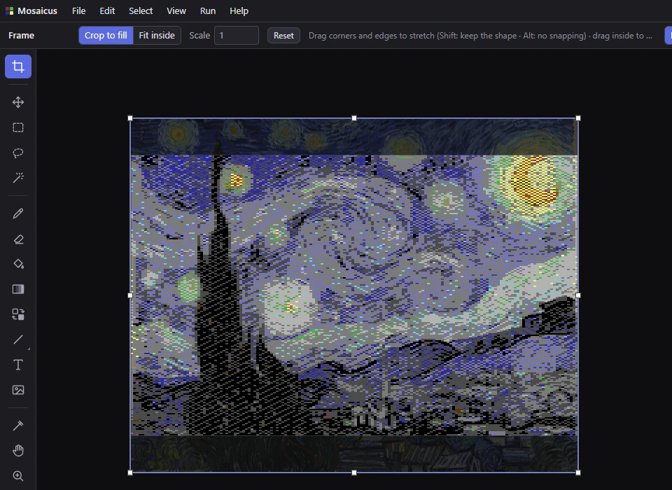The Frame tool: the source picture's outline with handles, the part outside the screen dimmed
