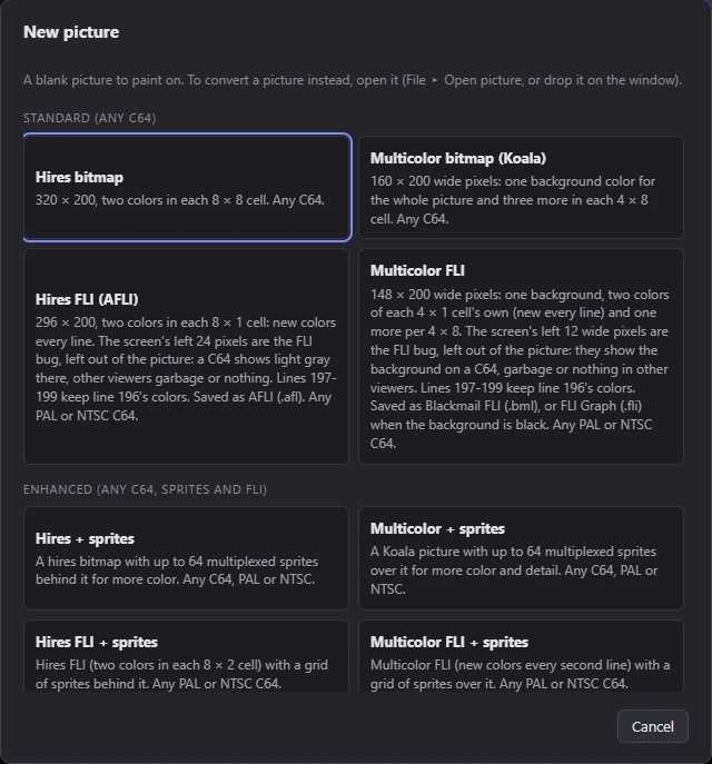 The New picture dialog: formats grouped by the machine that shows them, each with its summary