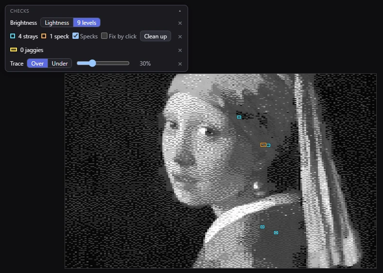 The Checks card over a picture in the 9 luma levels, with stray pixels ringed and the source traced over it