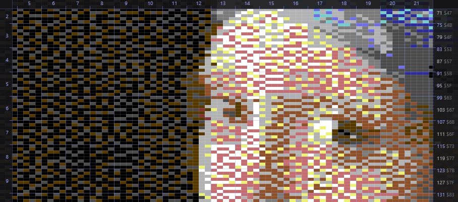 Zoomed to 6× with the pixel grid and the format guides: the rulers pinned along the canvas's edges