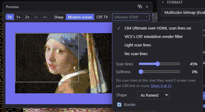The Modern screen options: the four looks, the Scan lines and Softness sliders, the shape and the border