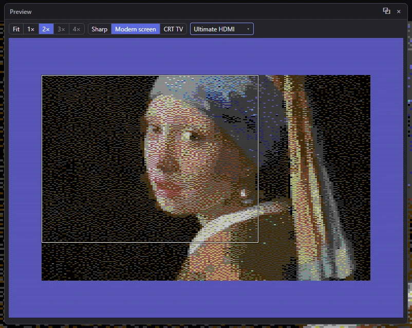 The Preview panel at 2× in Modern screen mode, the main view's rectangle on it
