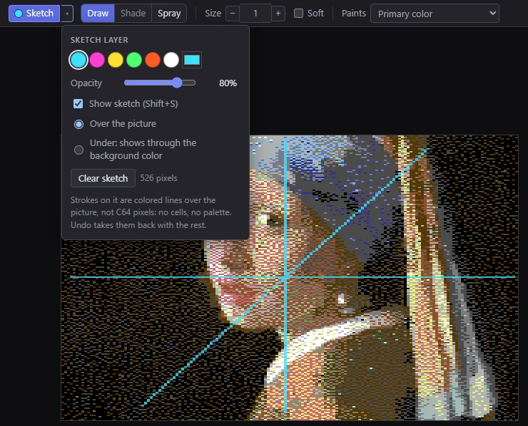 The sketch layer's pop-up, with cyan construction lines drawn over the picture